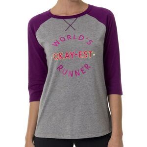 WORLD’S OKAY-EST RUNNER Grey and Purple Graphic Baseball T-Shirt Size Medium